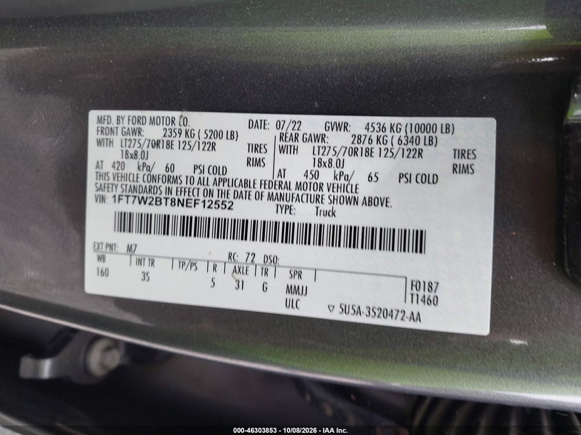 FORD F-250 2022 VIN 1FT7W2BT8NEF12552