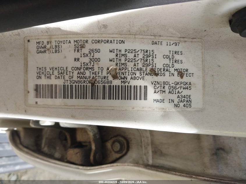 TOYOTA 4RUNNER 1998 VIN JT3GN86R0W0065688
