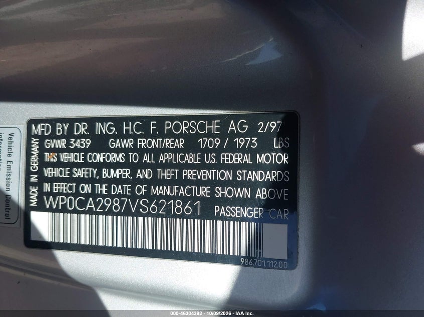 PORSCHE BOXSTER 1997 VIN WP0CA2987VS621861