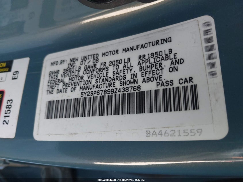 PONTIAC VIBE 2009 VIN 5Y2SP67899Z438768