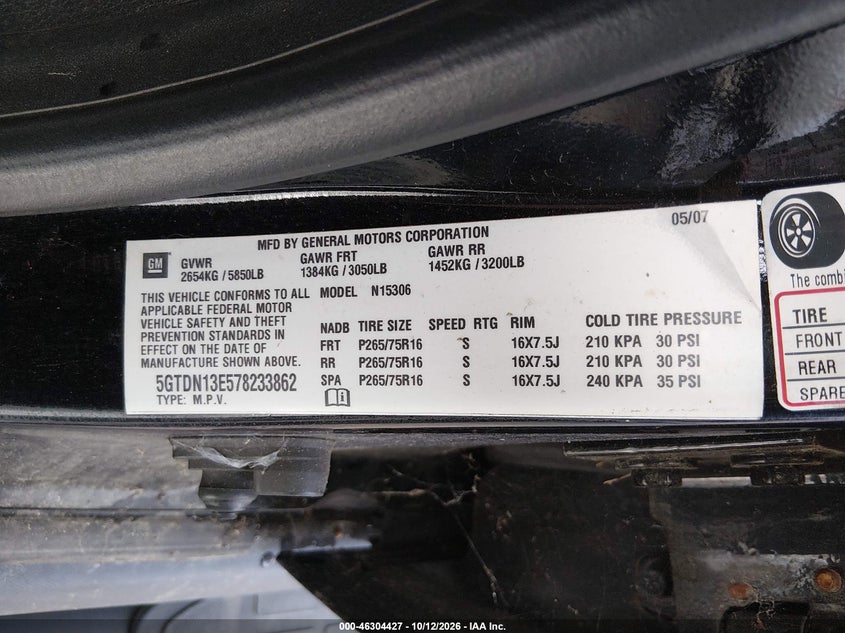 HUMMER H3 SUV 2007 VIN 5GTDN13E578233862