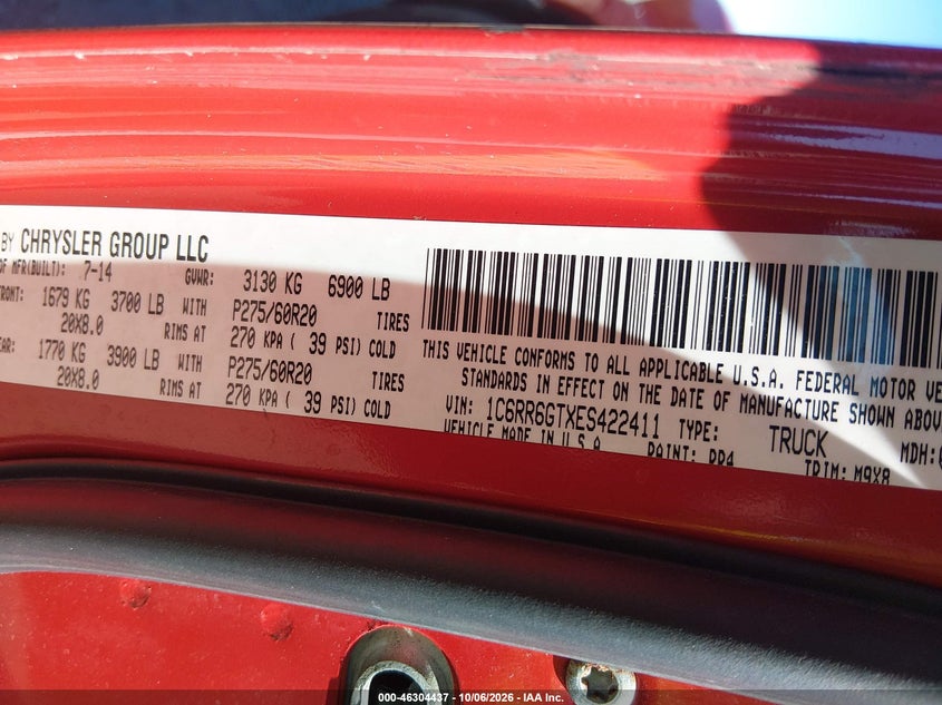 RAM 1500 2014 VIN 1C6RR6GTXES422411