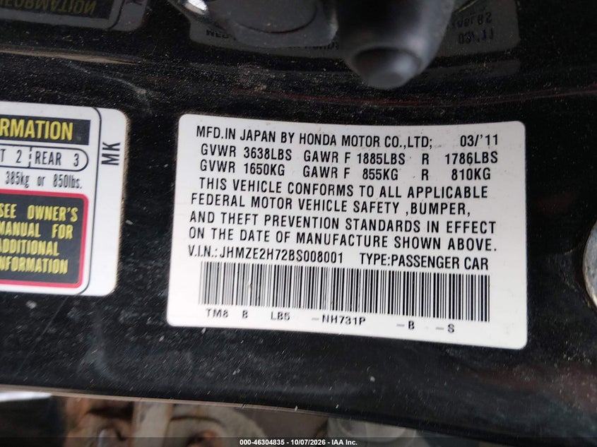 HONDA INSIGHT 2011 VIN JHMZE2H72BS008001