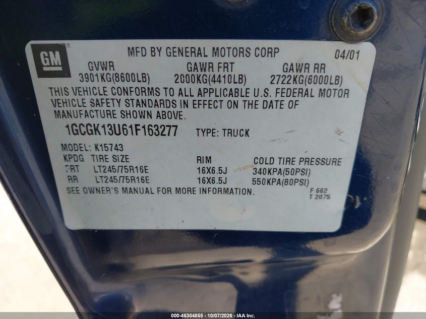 CHEVROLET SILVERADO 1500HD 2001 VIN 1GCGK13U61F163277