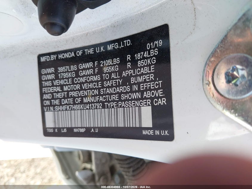 HONDA CIVIC 2019 VIN SHHFK7H66KU413792