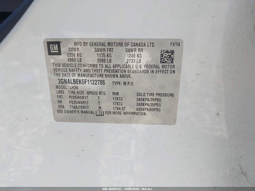 CHEVROLET EQUINOX 2015 VIN 2GNALBEK6F1122786