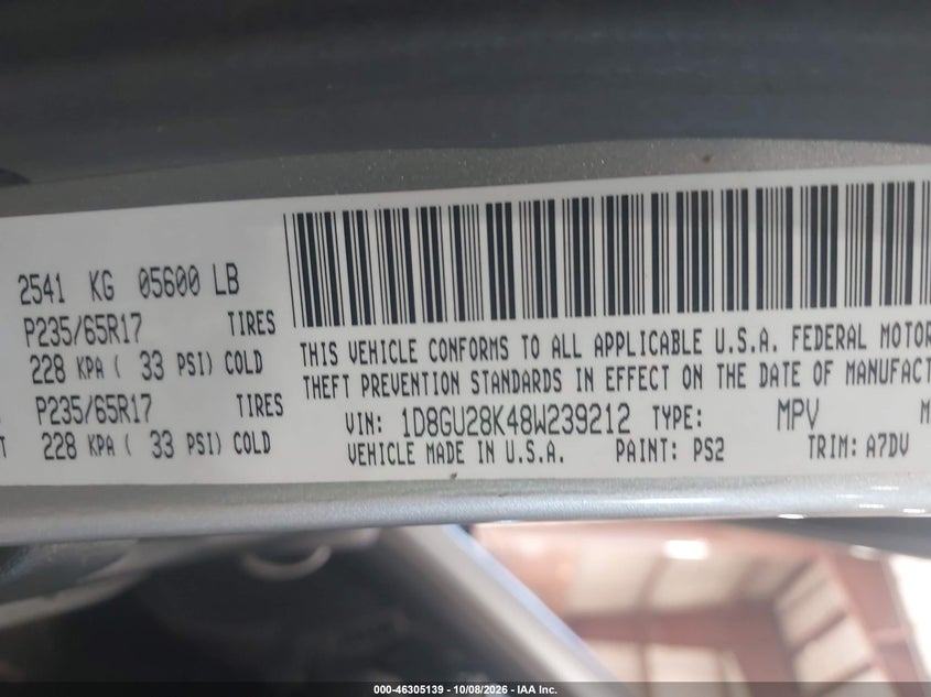 DODGE NITRO 2008 VIN 1D8GU28K48W239212