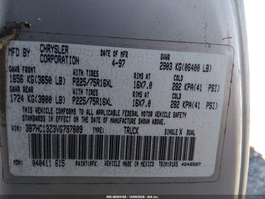 DODGE RAM 1500 1997 VIN 3B7HC13Z3VG797809