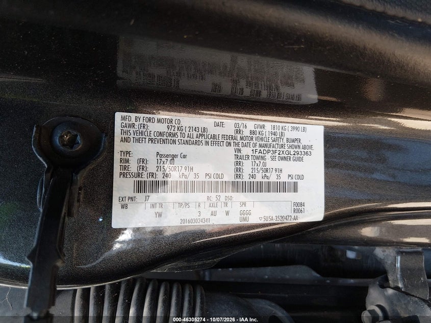 FORD FOCUS 2016 VIN 1FADP3F2XGL293363