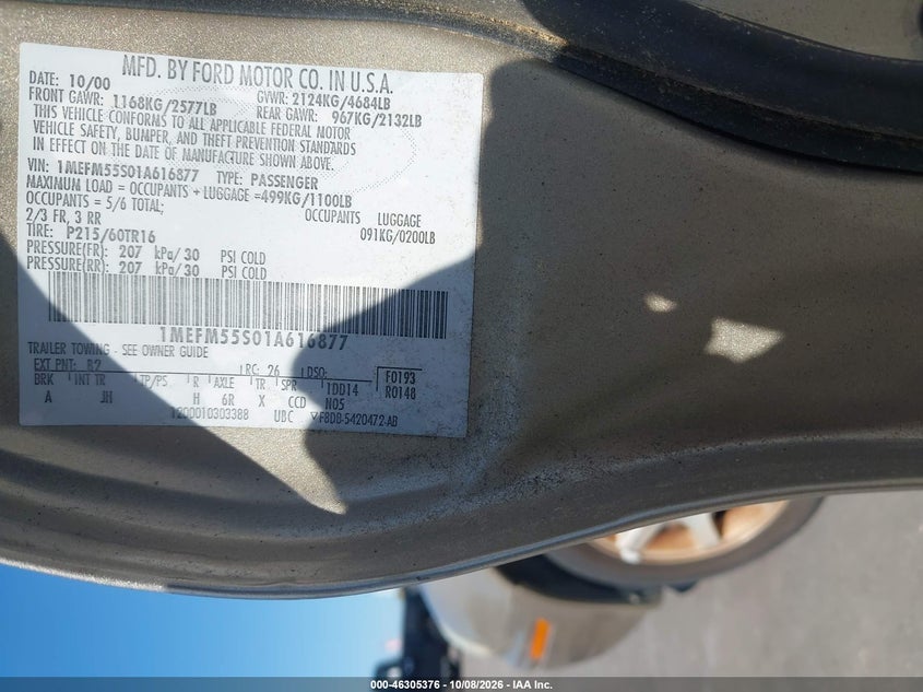 MERCURY SABLE 2001 VIN 1MEFM55S01A616877