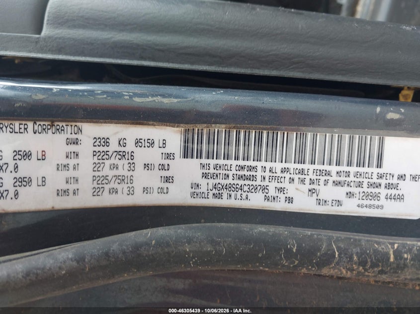 JEEP GRAND CHEROKEE 2004 VIN 1J4GX48S64C320705