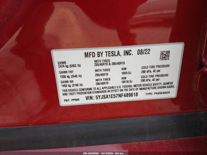 TESLA MODEL S 2022 VIN 5YJSA1E57NF489618
