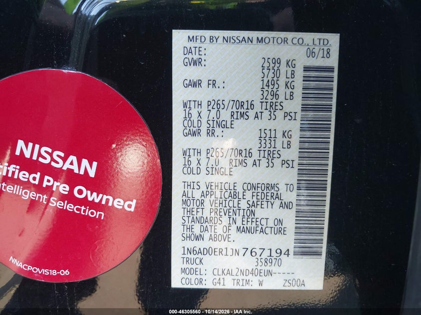 NISSAN FRONTIER 2018 VIN 1N6AD0ER1JN767194