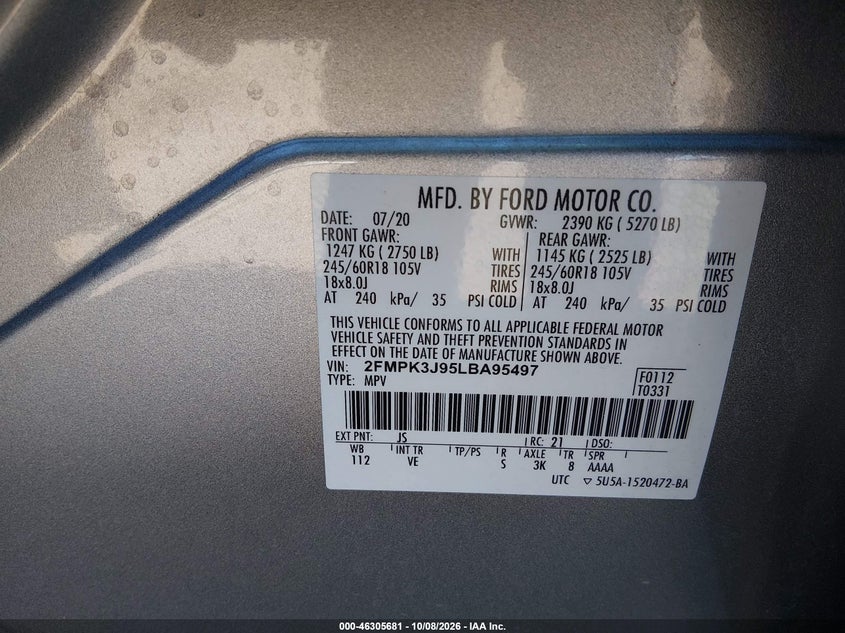 FORD EDGE 2020 VIN 2FMPK3J95LBA95497