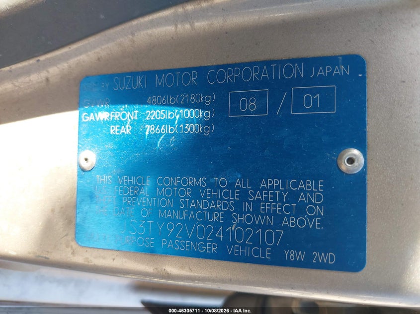 SUZUKI XL-7 2002 VIN JS3TY92V024102107