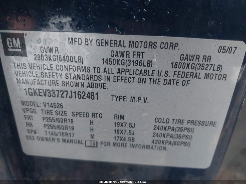 GMC ACADIA 2007 VIN 1GKEV33727J162481