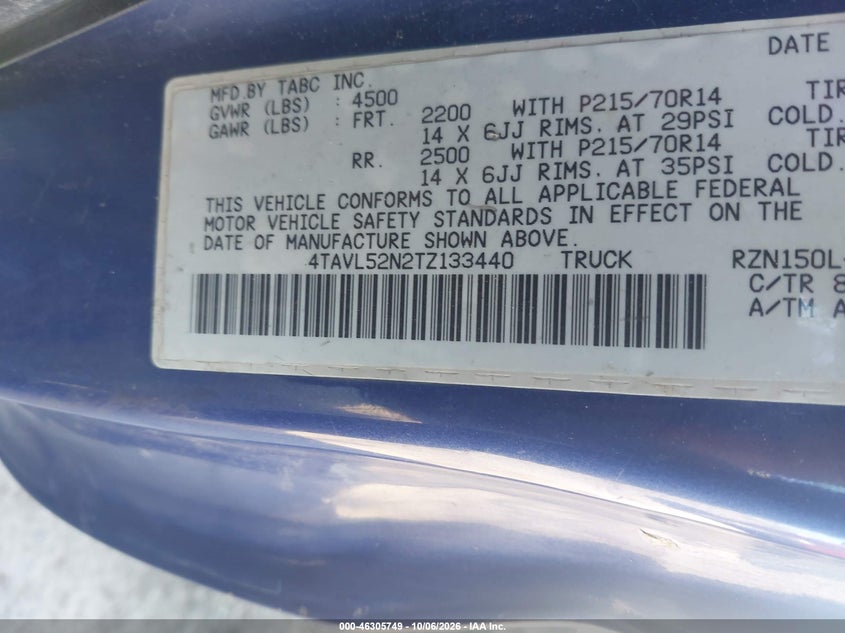 TOYOTA TACOMA 1996 VIN 4TAVL52N2TZ133440