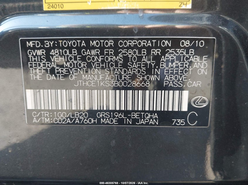 LEXUS GS 350 2011 VIN JTHCE1KS3B0028668