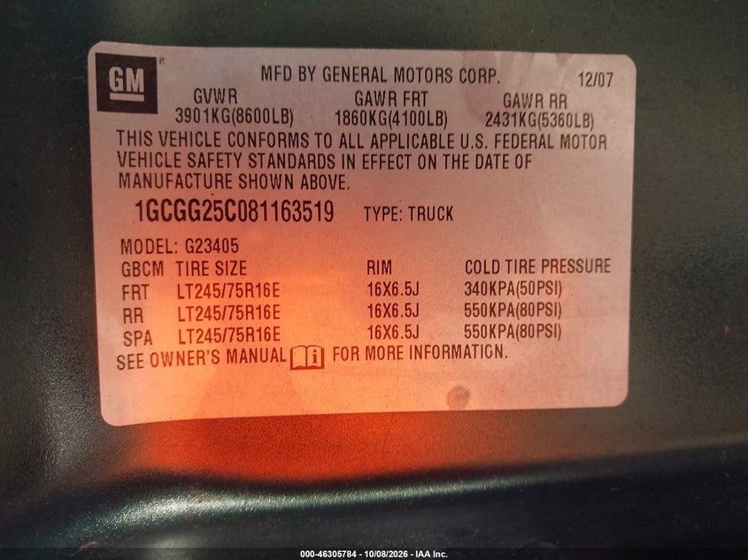 CHEVROLET EXPRESS 2008 VIN 1GCGG25C081163519