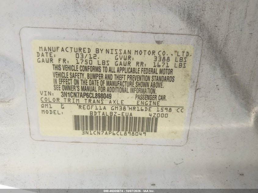 NISSAN VERSA 2012 VIN 3N1CN7AP6CL898049