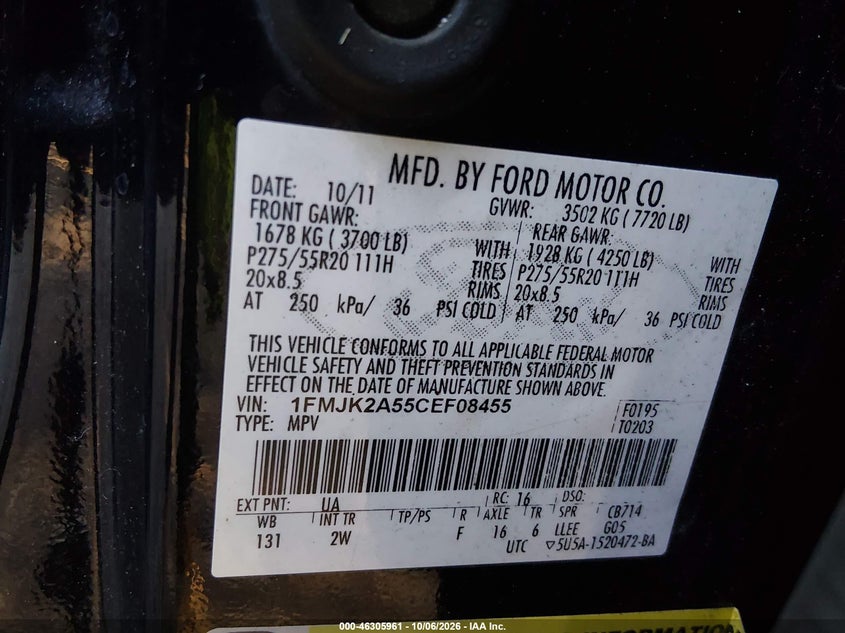 FORD EXPEDITION EL 2012 VIN 1FMJK2A55CEF08455