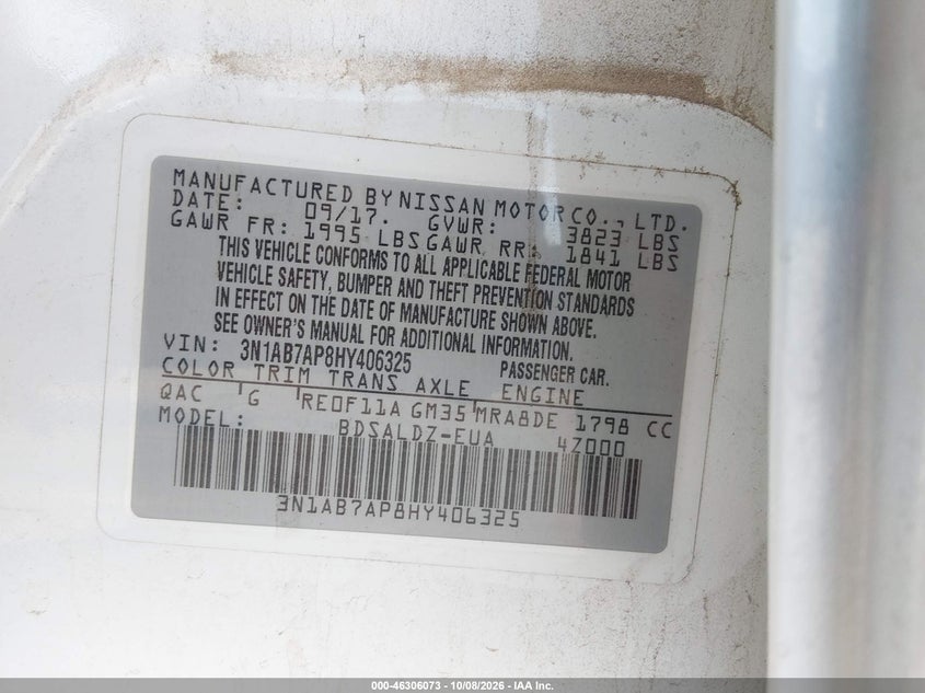 NISSAN SENTRA 2017 VIN 3N1AB7AP8HY406325