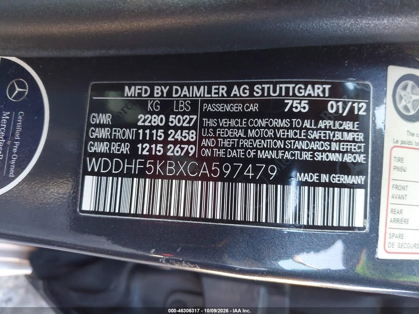 MERCEDES-BENZ E 350 2012 VIN WDDHF5KBXCA597479