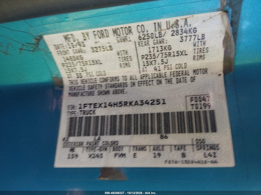 FORD F150 1994 VIN 1FTEX14H5RKA34251