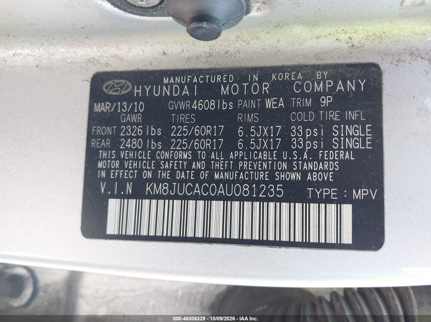 HYUNDAI TUCSON 2010 VIN KM8JUCAC0AU081235