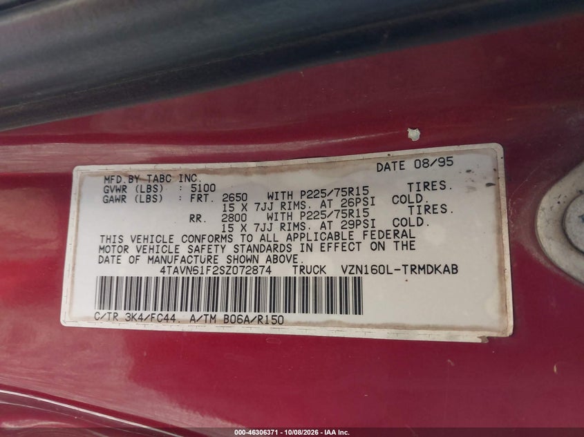 TOYOTA TACOMA 1995 VIN 4TAVN61F2SZ072874