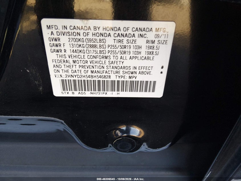 ACURA MDX 2011 VIN 2HNYD2H54BH546828