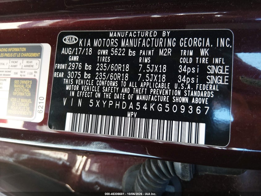 KIA SORENTO 2019 VIN 5XYPHDA54KG509367