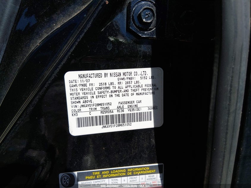 INFINITI M35X 2008 VIN JNKAY01F28M651052