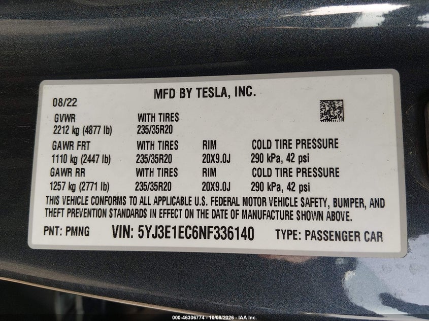 TESLA MODEL 3 2022 VIN 5YJ3E1EC6NF336140