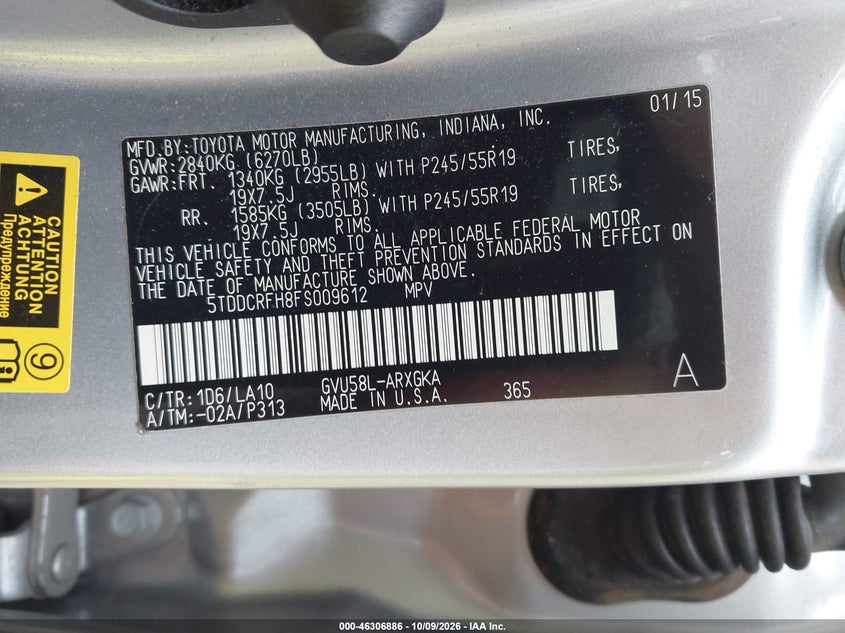 TOYOTA HIGHLANDER HYBRID 2015 VIN 5TDDCRFH8FS009612