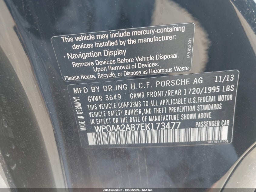PORSCHE CAYMAN 2014 VIN WP0AA2A87EK173477