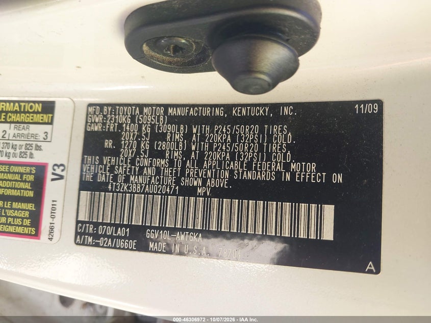 TOYOTA VENZA 2010 VIN 4T3ZK3BB7AU020471