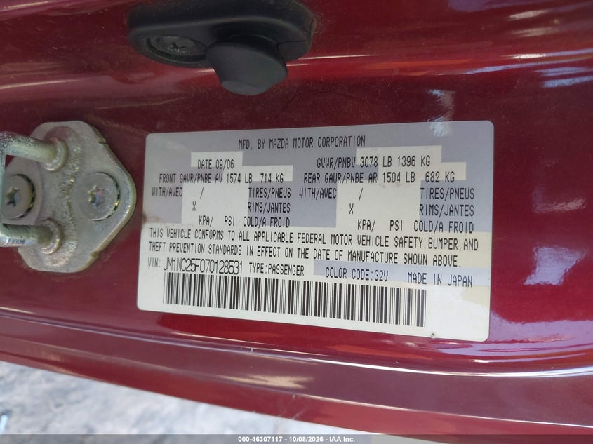 MAZDA MX-5 2007 VIN JM1NC25F070128531