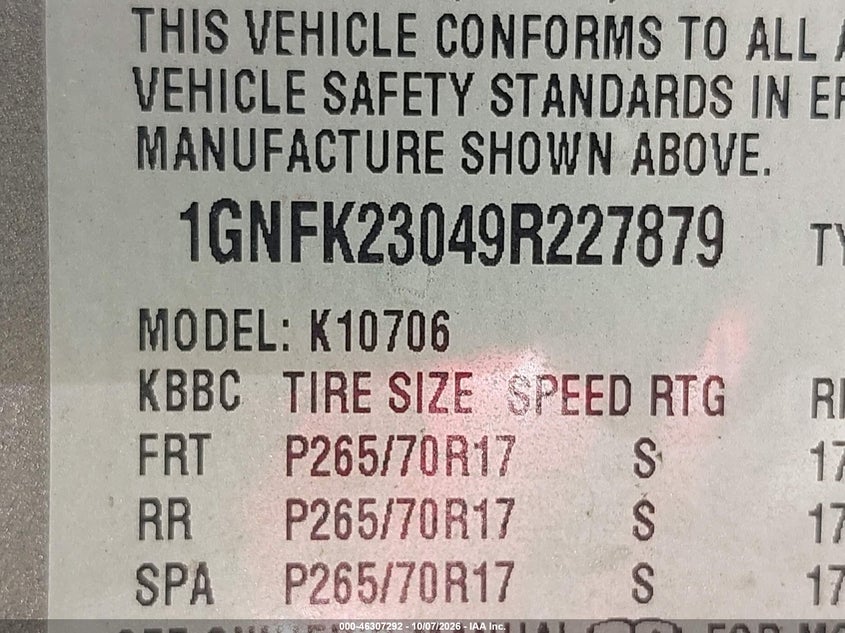 CHEVROLET TAHOE 2009 VIN 1GNFK23049R227879