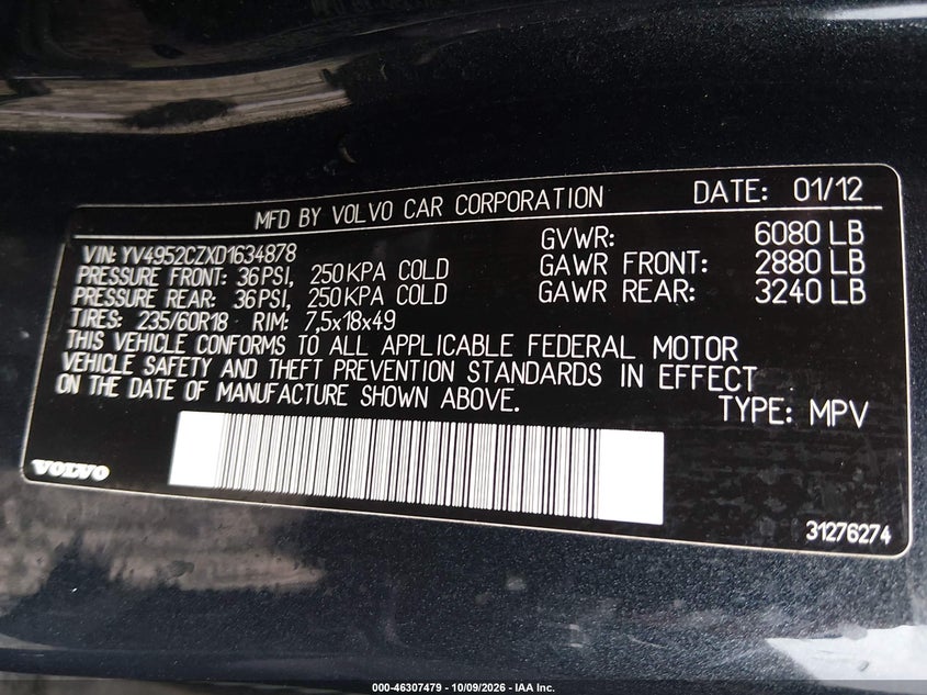 VOLVO XC90 2013 VIN YV4952CZXD1634878