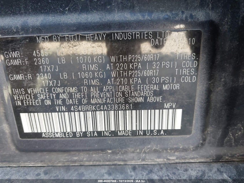 SUBARU OUTBACK 2010 VIN 4S4BRBKC4A3383681