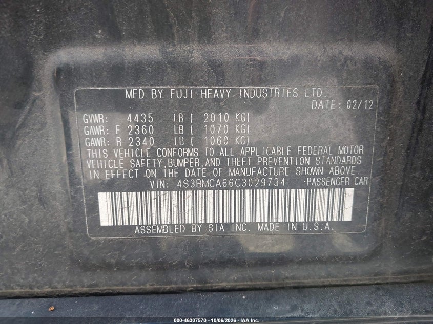 2012 SUBARU LEGACY 2.5I · Фото 9