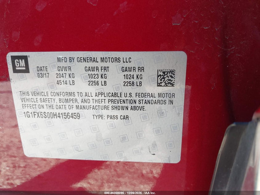 CHEVROLET BOLT EV 2017 VIN 1G1FX6S00H4156459