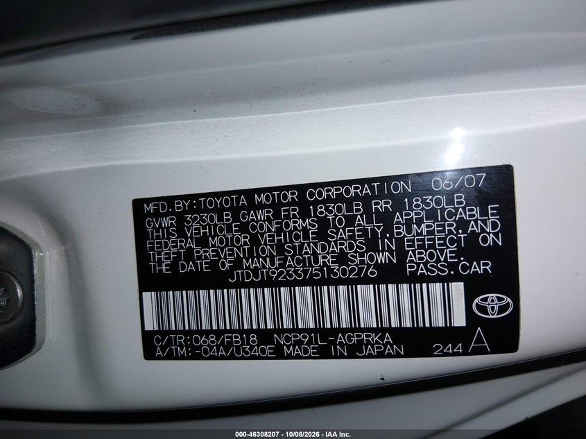 TOYOTA YARIS 2007 VIN JTDJT923375130276
