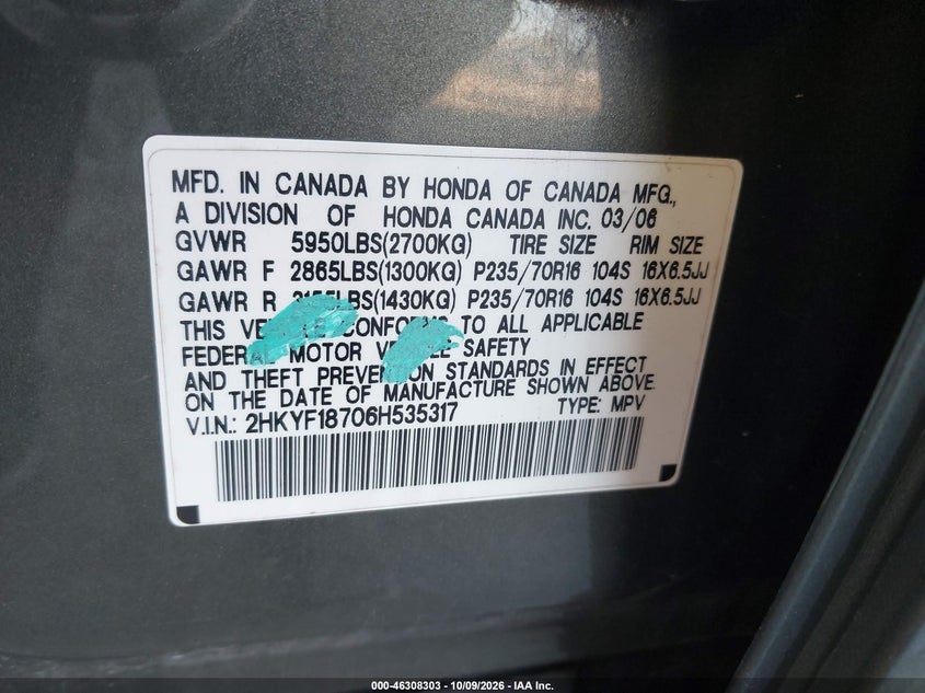 HONDA PILOT 2006 VIN 2HKYF18706H535317