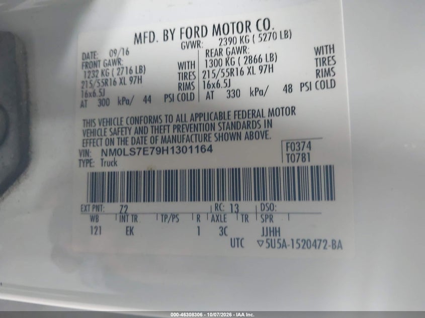 FORD TRANSIT CONNECT 2017 VIN NM0LS7E79H1301164