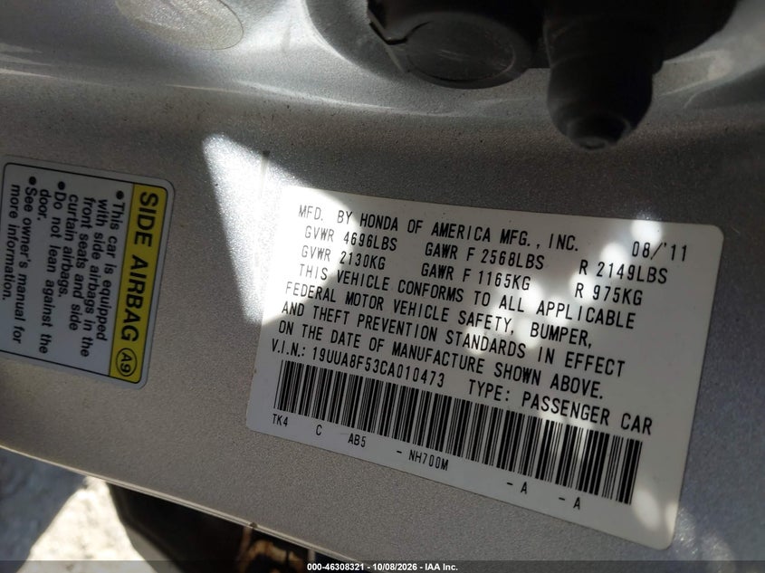 ACURA TL 2012 VIN 19UUA8F53CA010473