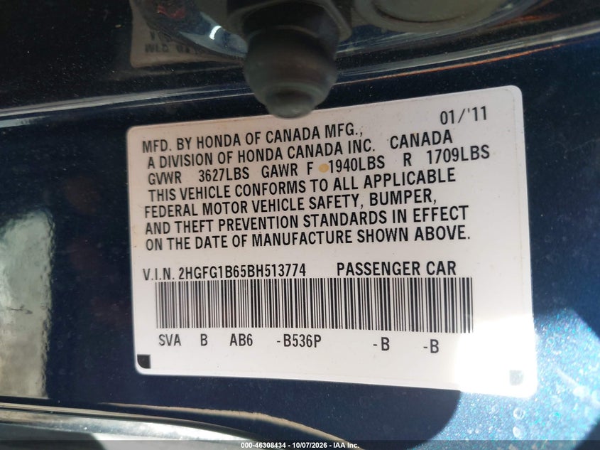 HONDA CIVIC 2011 VIN 2HGFG1B65BH513774
