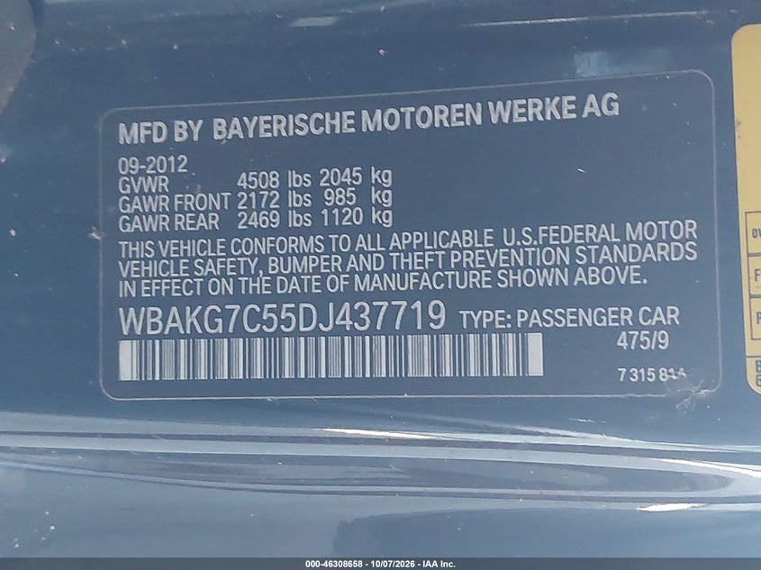 BMW 335I 2013 VIN WBAKG7C55DJ437719
