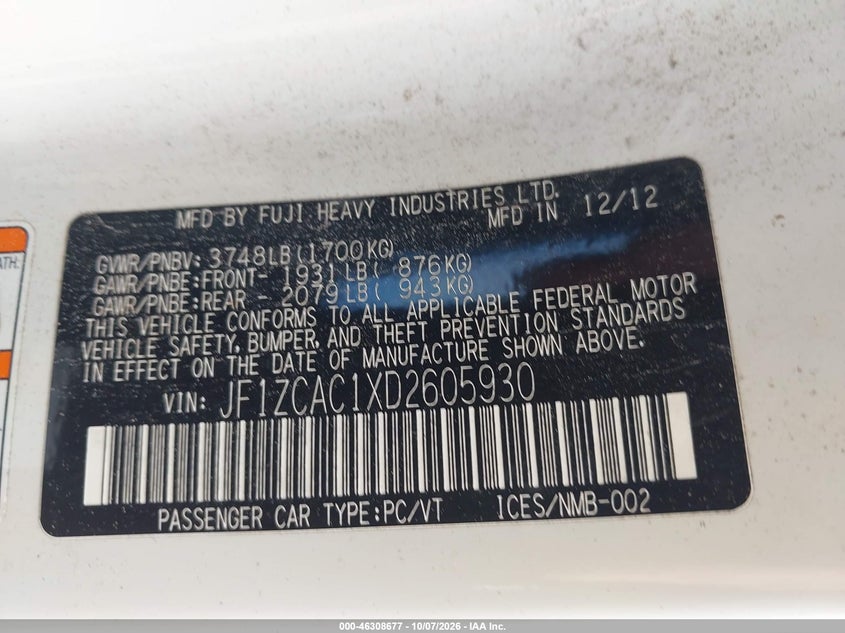 SUBARU BRZ 2013 VIN JF1ZCAC1XD2605930